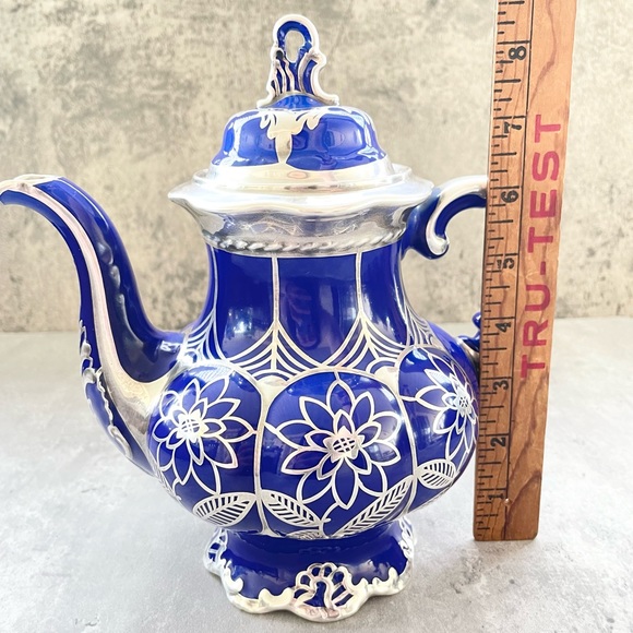 Vtg Hutschenreuther Hohenberg Germany Cobalt Blue Silver Overlay Tea Pot - Picture 10 of 10